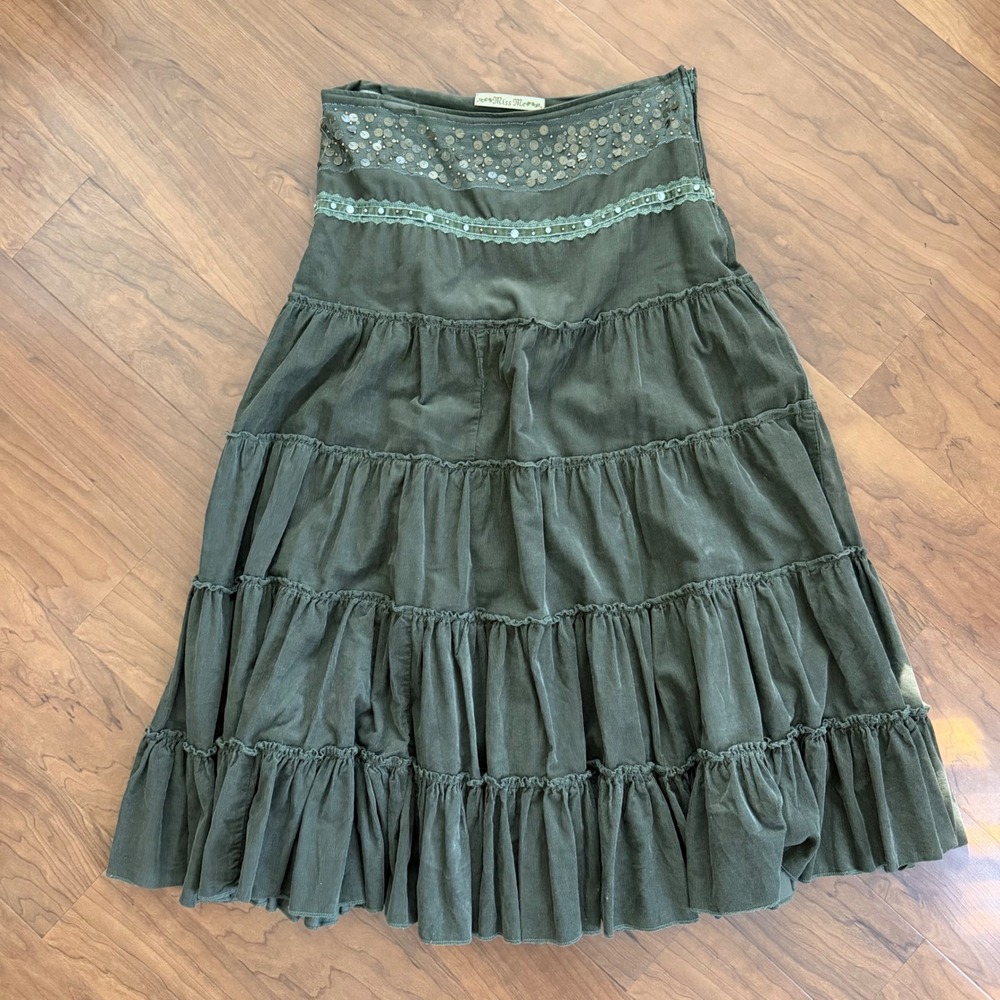 Miss Me Tiered Maxi Skirt 32 in Waist Dark Green Embellished Y2K Boho Fairy Lace
